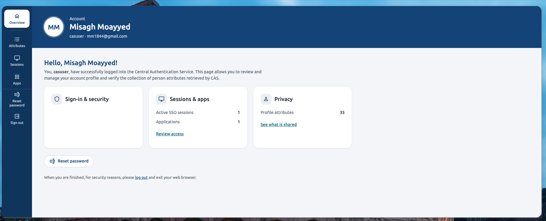Account profile overview with its section rail and summary cards