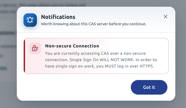 Notifications dialog shown before continuing to CAS
